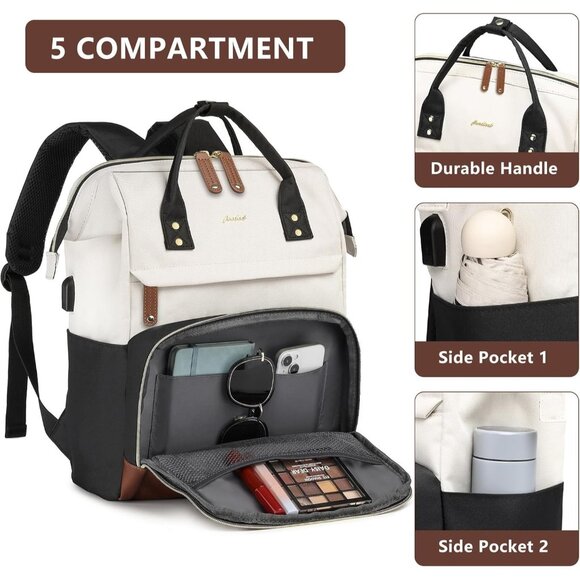 Women's Beige-black Laptop Backpack 15.6 Inch Work Travel Bag With Usb Charger - Picture 3 of 8